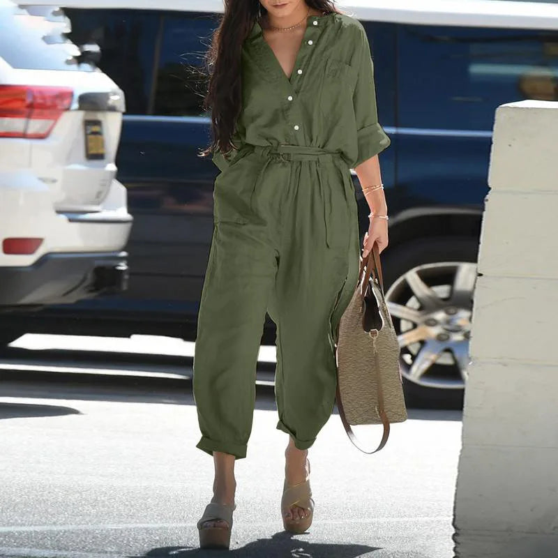 Women Cargo Jumpsuit Button Long Sleeve Pocket Pant .  S-3X