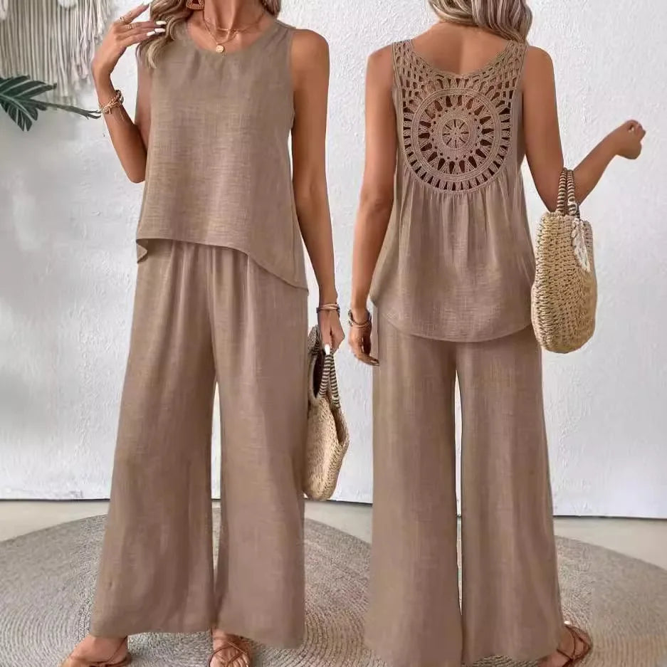 Ladies Simple Cotton Linen 2 Piece Suit Summer Fashion Sleeveless Loose Blouse Wide Leg Pants.