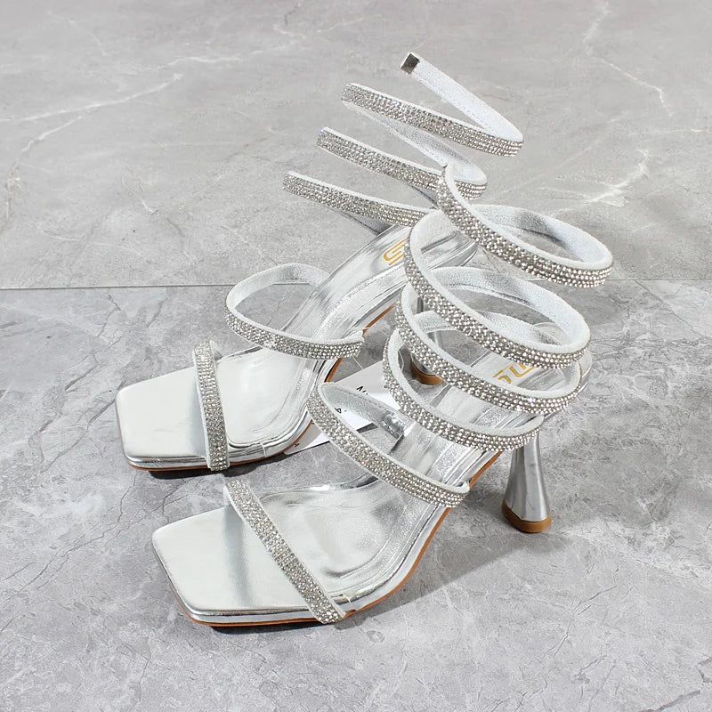 Fashion Women Sandals Summer New Crystal Snake Ankle Around Heels Stiletto Sexy Party Women's Sandals 9CM