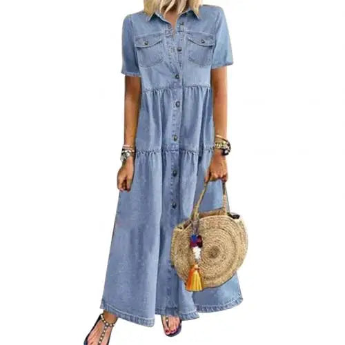 Retro Women Dress Short Sleeve Turn Down Collar Pockets Button Long Loose Denim Long Dress.  S-3X