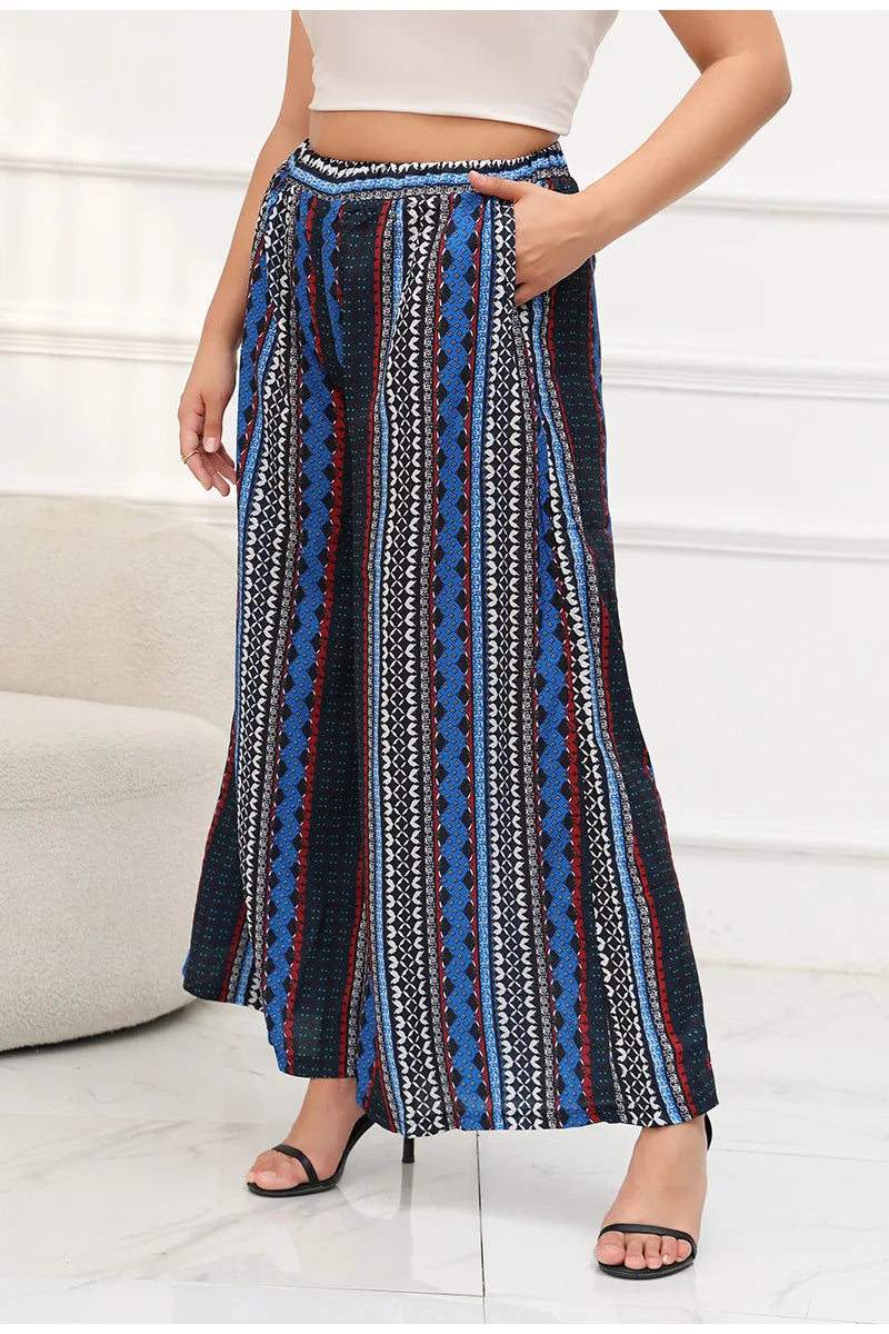 Women's plus size fashion trend wide-leg pants striped blue elastic waist pants