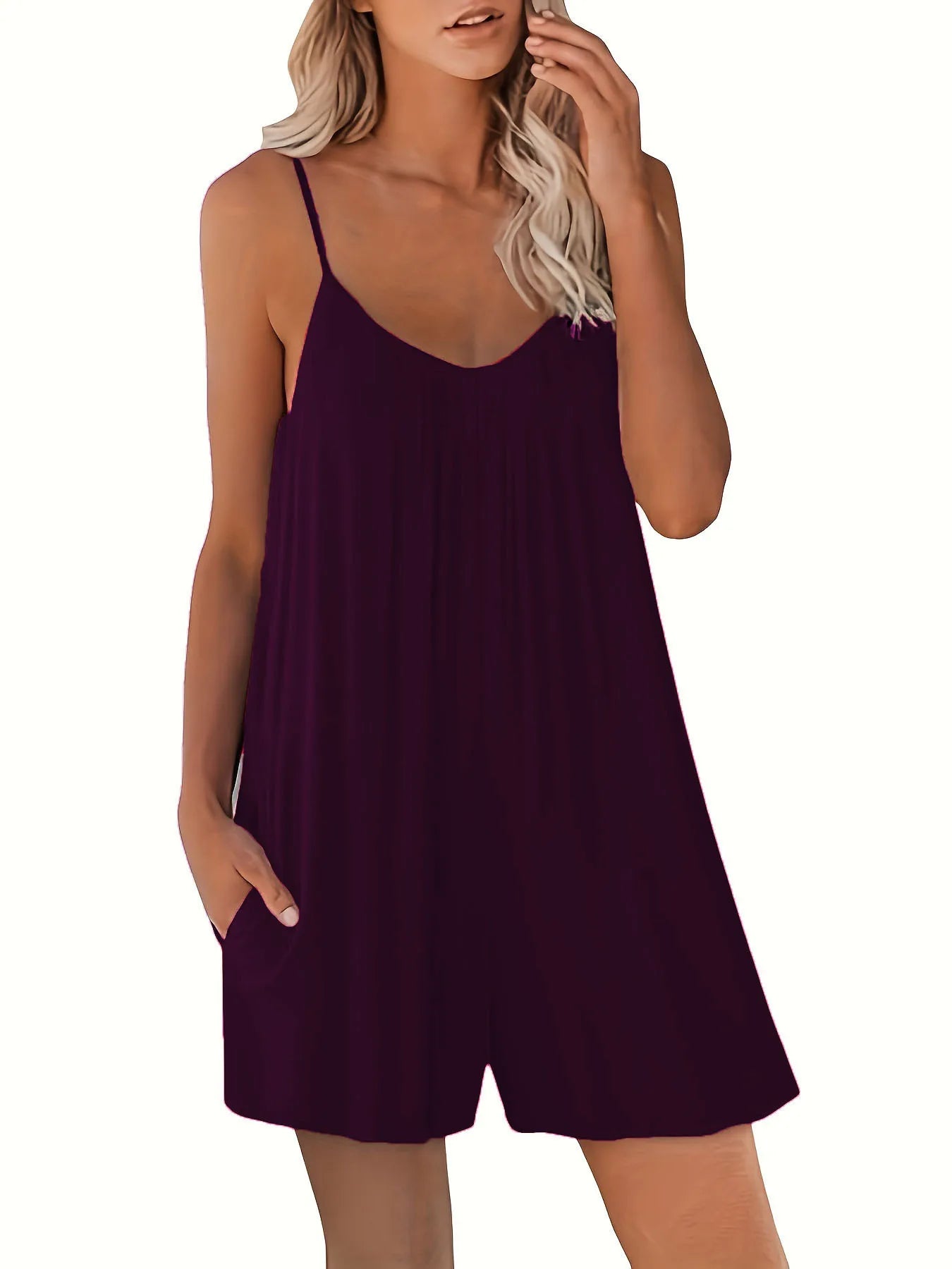 New European Women's Casual Solid Round Neck Loose Pocket Romper.  S-3x