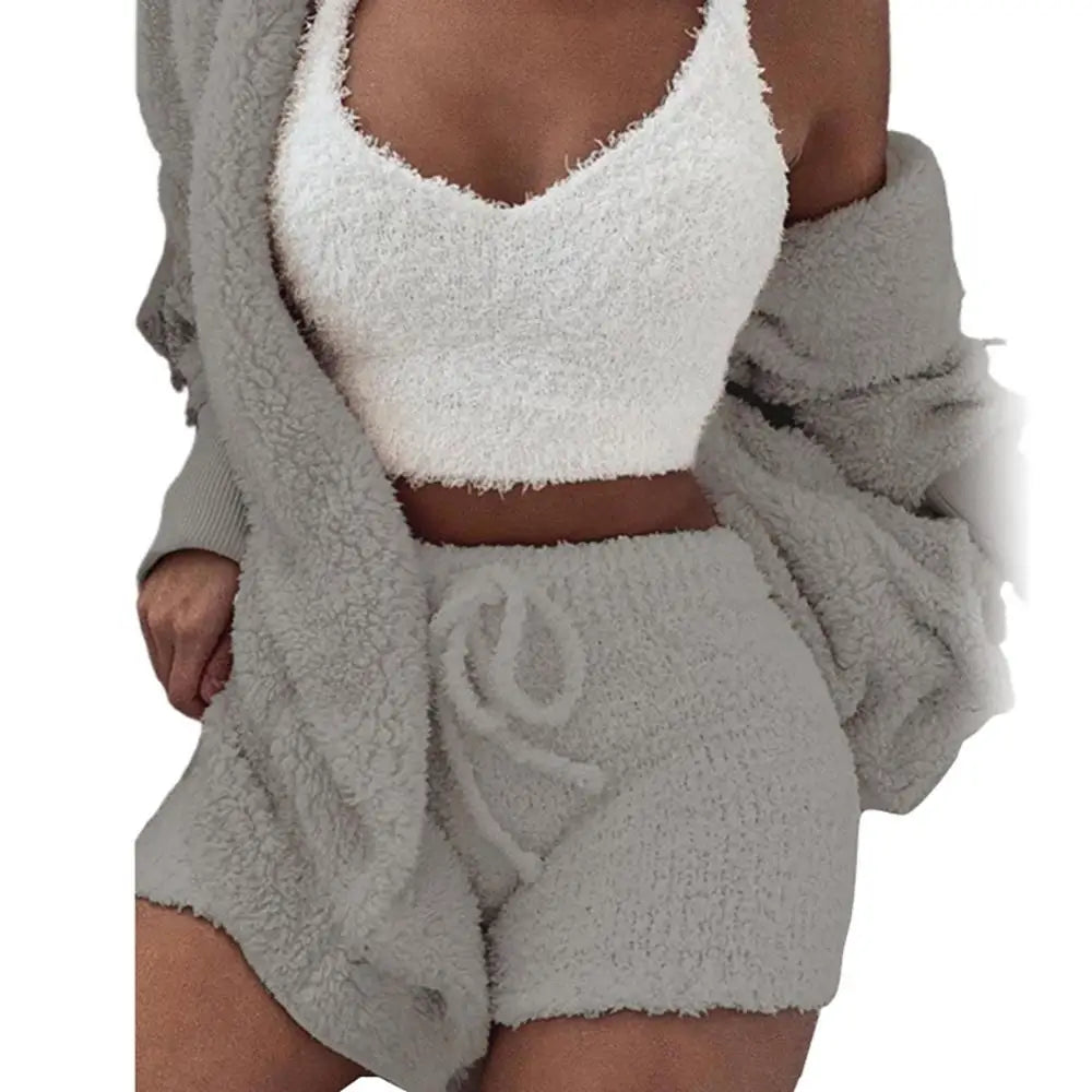 3 Piece Fluffy Outfit Plush Sexy Backless Fleece Pyjamas/Lounge wear  Set