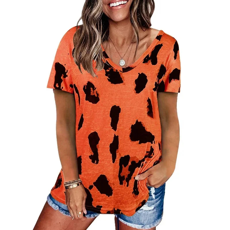 Summer Hot Sale Of The Season Women's Loose Casual V-neck Short Sleeve Leopard Print Top Fashion Style