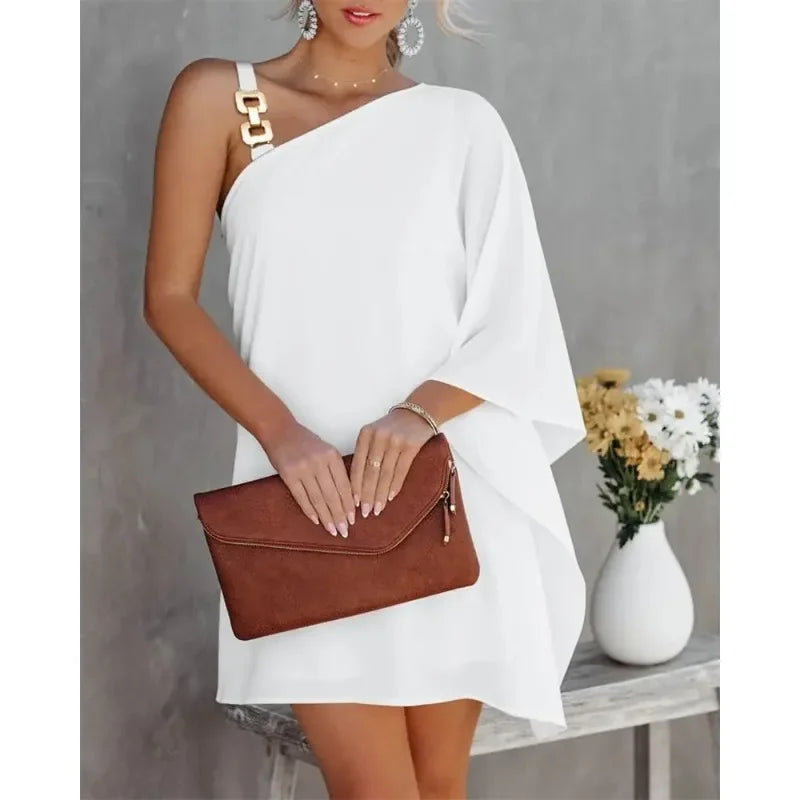 Summer Women's Dress One Line Diagonal Neck Off Shoulder Solid Colour and Metal Strap Bat Sleeve Dress.  S-2X