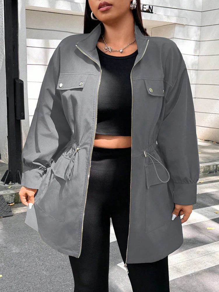 Plus Size Women's Solid Colour Jacket Casual Fashion Wind  Breaker Zipper All Season Jacket.   Xl-4X