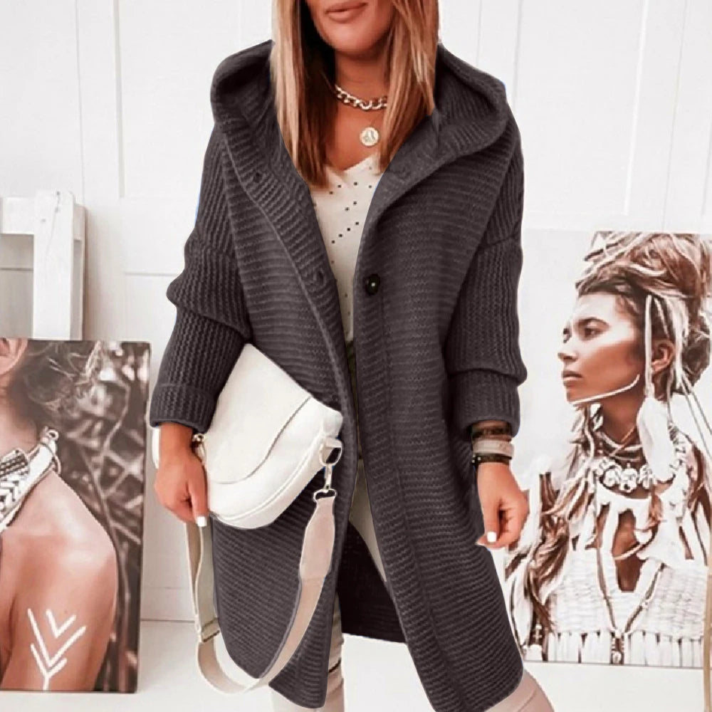 Women Solid Hooded Button Long Sleeve Cardigan Sweater Casual Loose Outwear.  S-XL