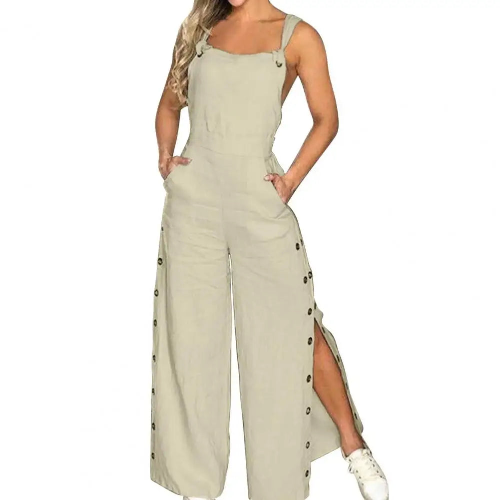 Women's Sleeveless Wide Leg Jumpsuit with Side Pockets And Button Closure Solid Colour Loose Fit Romper .  S-2x