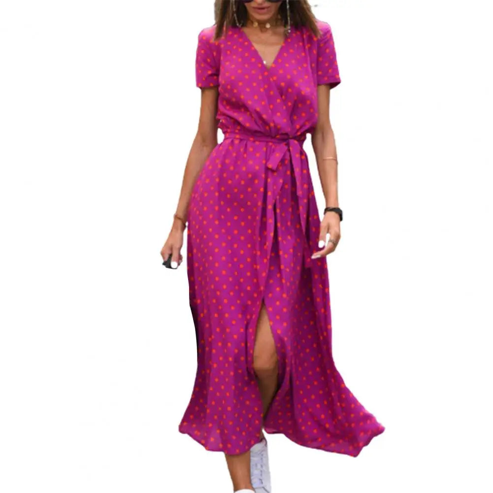 Women Midi Dress V-neck Short Sleeve High Waist Summer Dress.  S-XXL