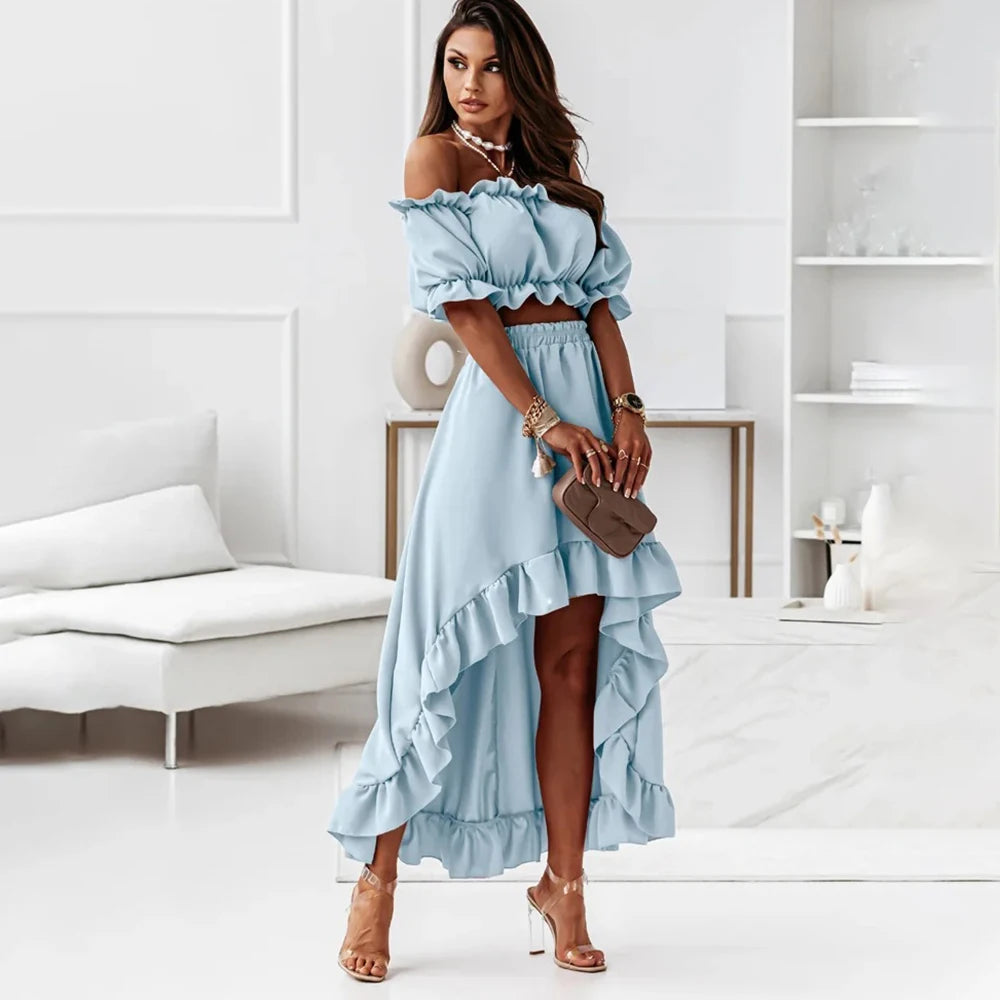Off Shoulder Two Piece Set Women Summer Ruffle Outfit Puff Sleeve 2 Piece Set