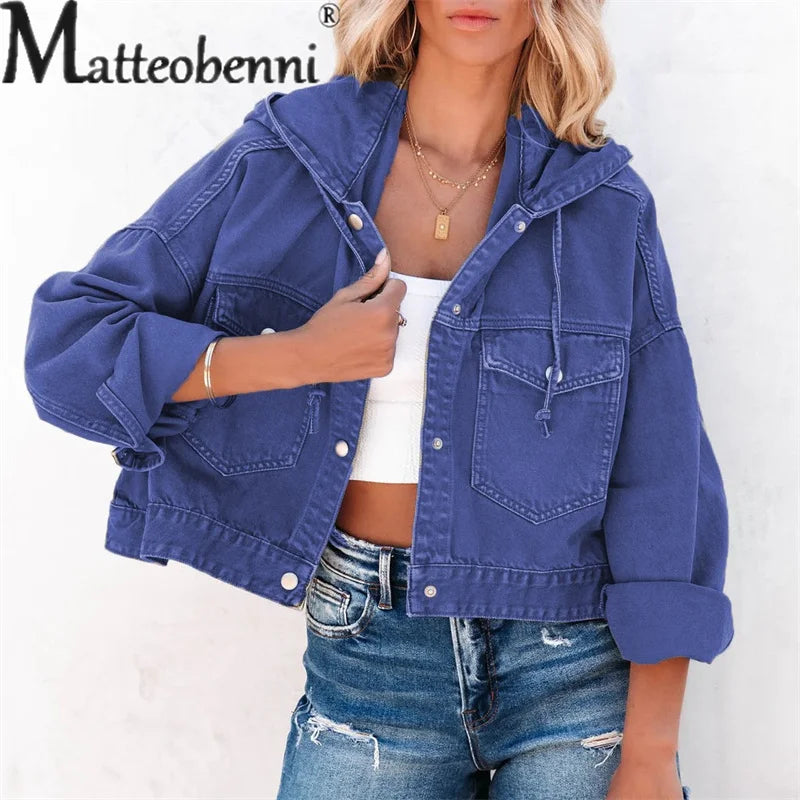 Hooded Denim Women Loose Long Sleeve Single-breasted Denim Short Jacket.  S-XL