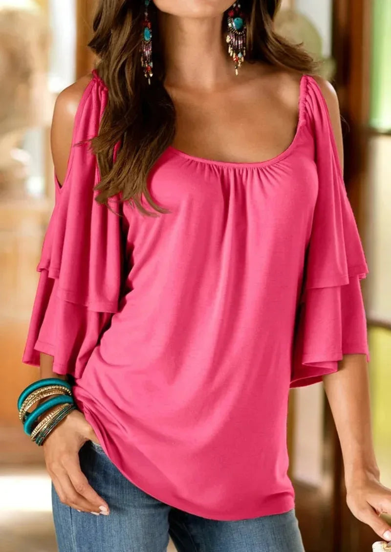 Women's Cotton T Shirt Short Sleeve Solid Colour With Beautiful Cut Out Shoulder