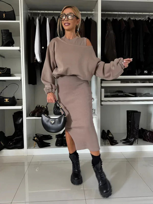 New Dress With Sweatshirt Two Piece Sets Women Fashion Solid Lantern Sleeve Pullover Top Outfit Tank Dress .  S-XL