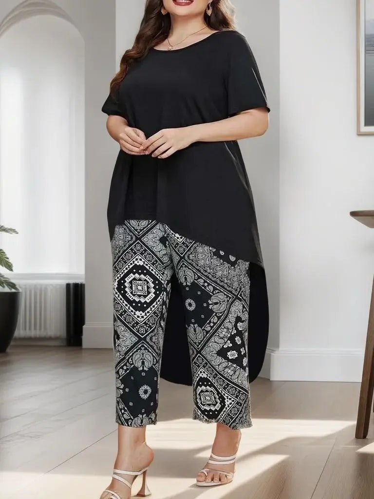 Plus Size Women's Suit Shirt and Printed Loose Cropped Pants Casual Fashion