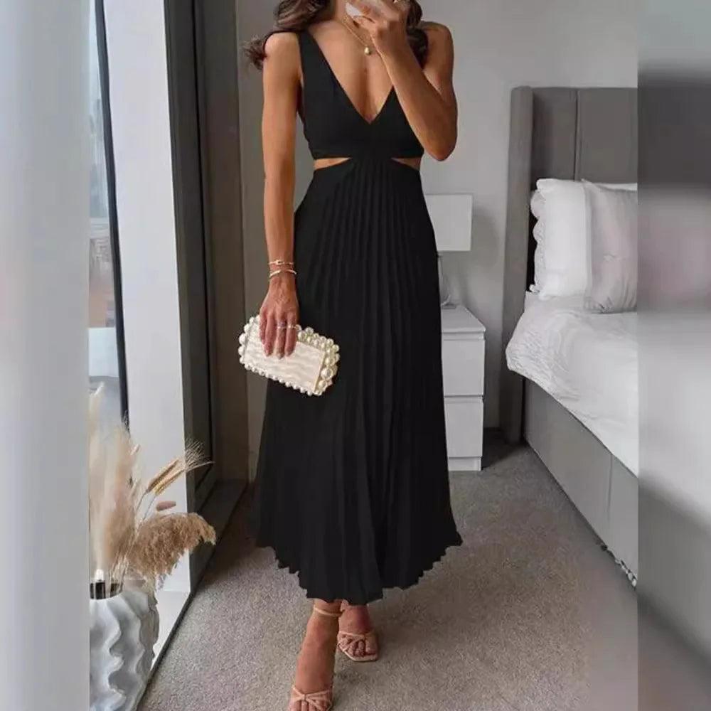 Elegant Long Summer V-neck Sleeveless Hollow Out Backless Sexy Dress .  S-xxL