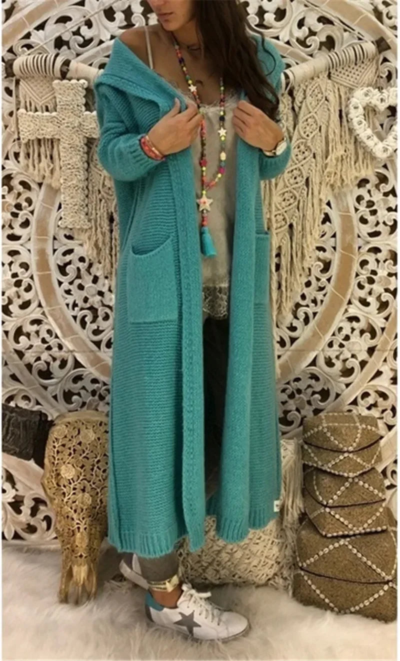 Long Sweater Women Knitted Cardigan Autumn Winter Solid Color Loose Hooded Pocket Casual Fashion Sweater.