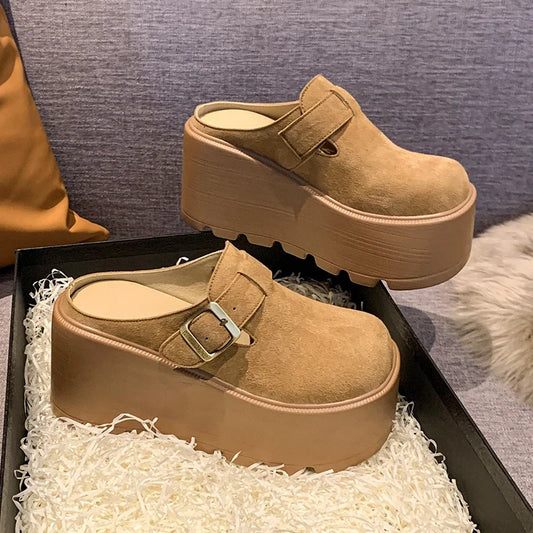 Women High Platform Slides 7CM Wedges Shoe Faux Suede/Leather Casual Chunky Summer Breathable Slip -Ons
