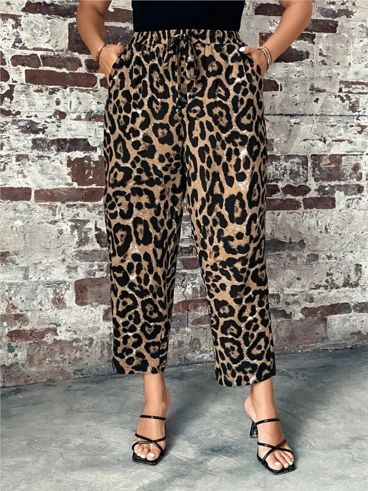 Plus Size Leopard Print Summer Elastic High Waist  Women Casual Fashion Ladies Trousers Loose Pleated Pants