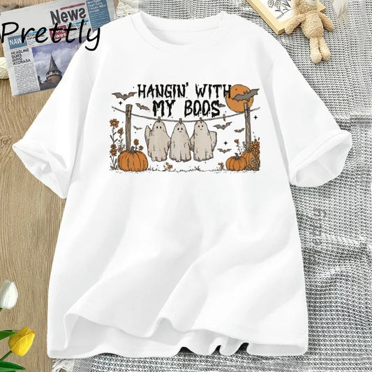 Unisex Funny Hanging Ghosts Halloween T-shirt Boos Cute Pumpkin Bat Casual Cotton Short Sleeve Round Neck Tee .  S-3X
