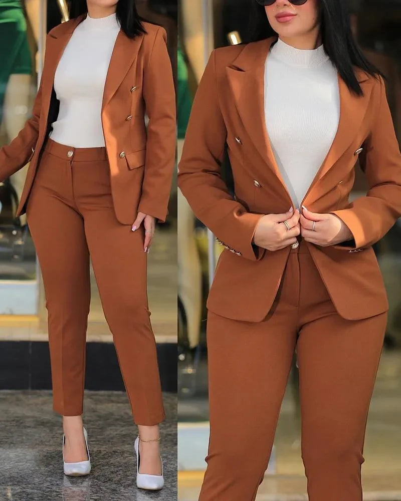 2pcs Women Clothing Set Long Sleeve Blazer Jacket & High Waist Pencil Pants Solid Colour