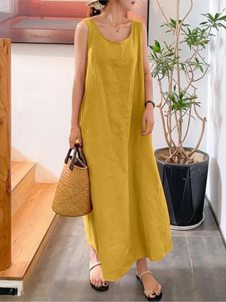 Fashion Cotton And Linen Simple Women's Long Dress Summer Casual Loose Pocket O-neck Elegant Women's Sundress.  S-4X