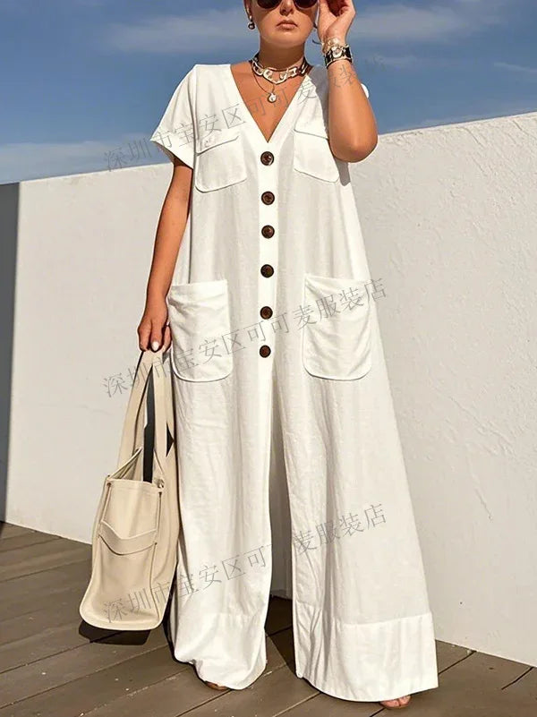New Summer V-neck Single-breasted Women's Jumpsuits Fashion Pocket Elegant Rompers Casual Loose Oversized Women Jumpsuit.  S-2X