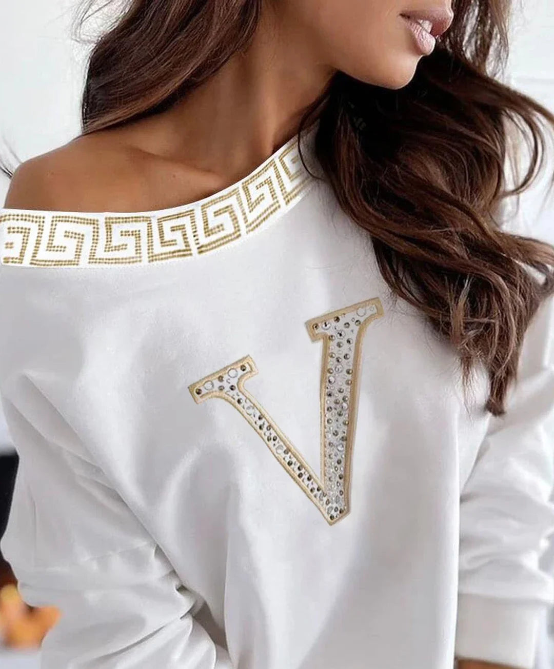 Autumn Women Sexy Print Oblique Collar Rhinestone Letter Long Sleeve Casual Top.