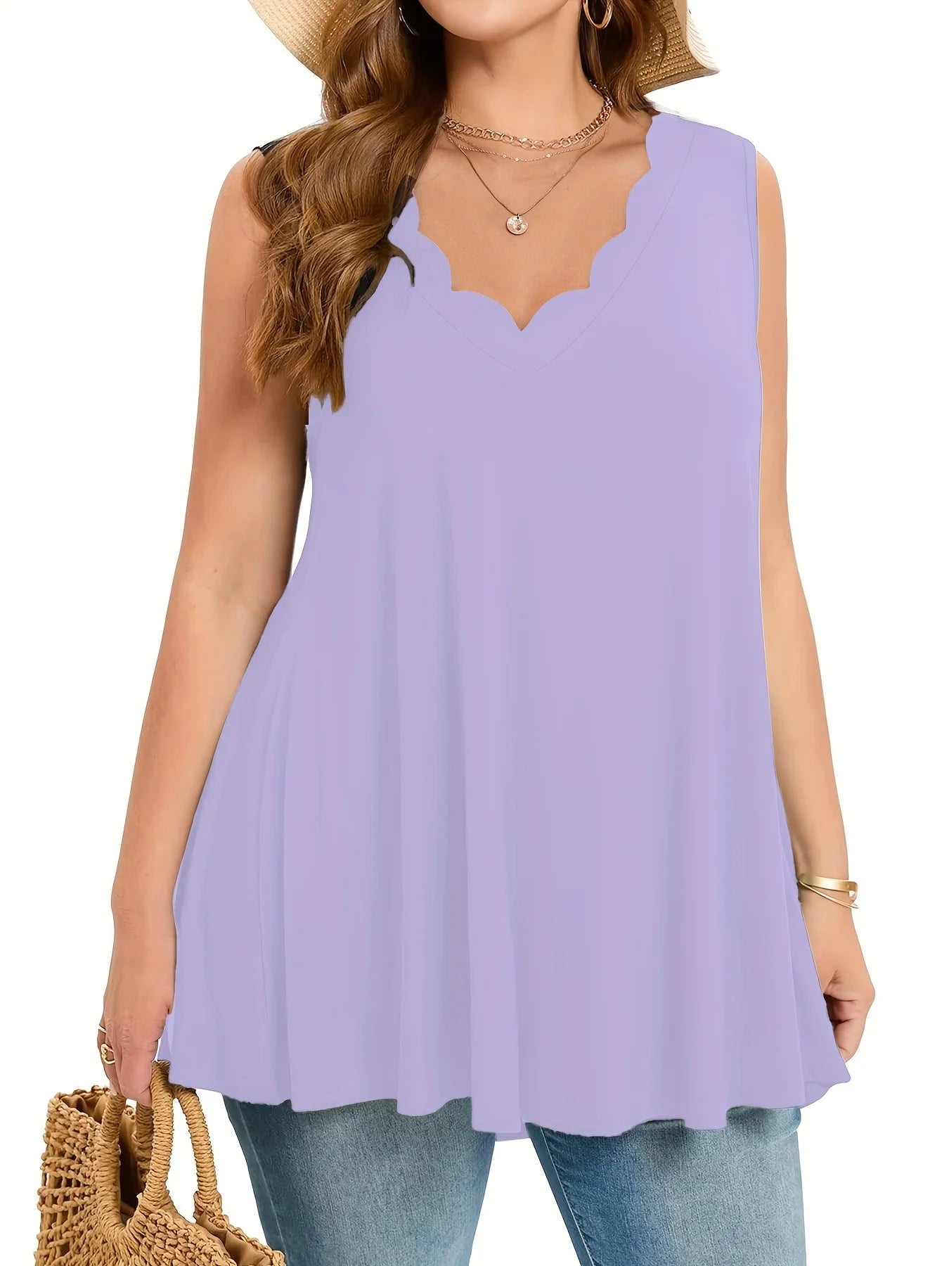 Plus Size Sleeveless Scalloped Hem Tunic Top for Women Casual Loose Fit Summer Blouse Lightweight and Breathable