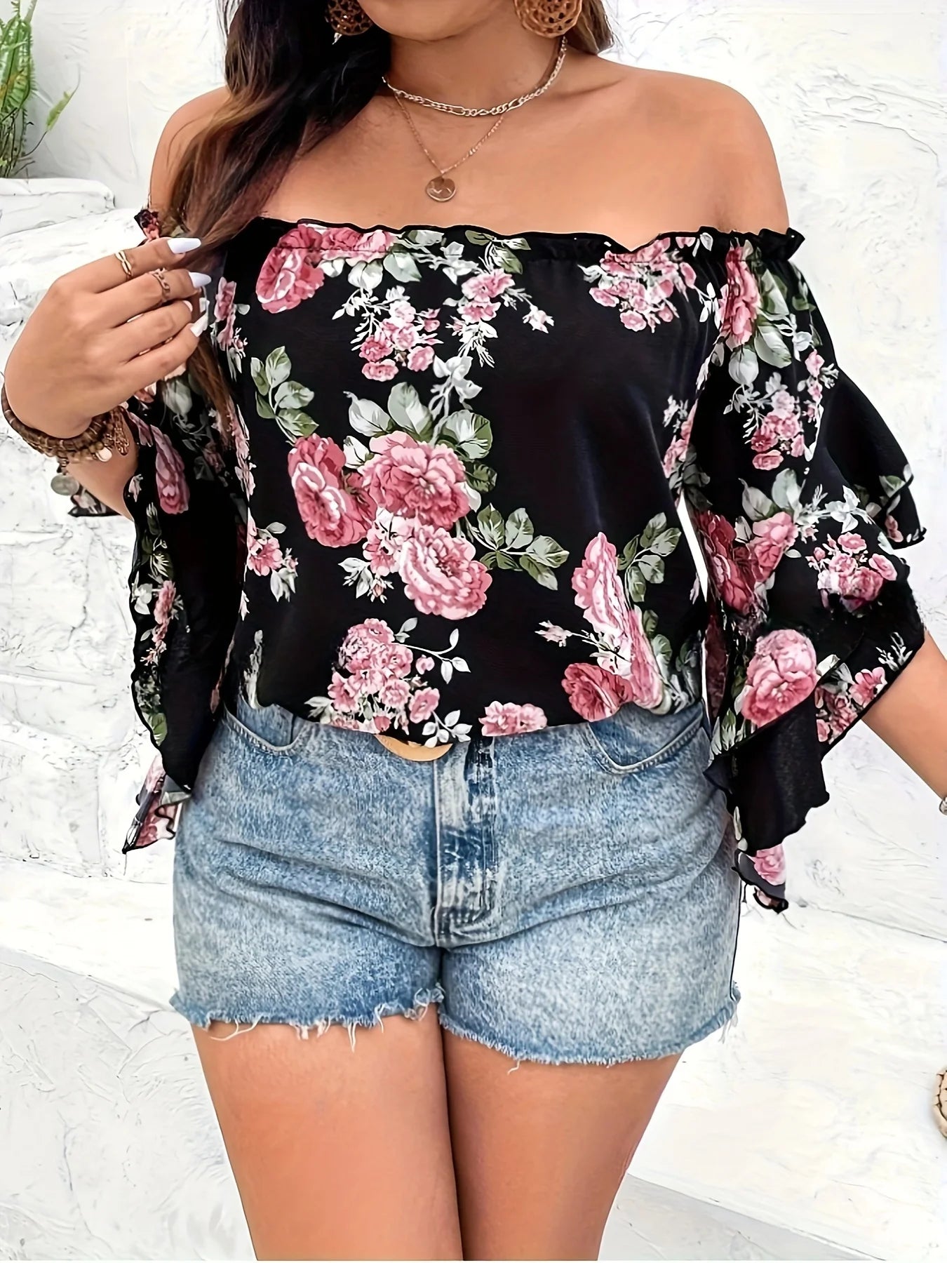 Plus Size Summer Women Elegant Chiffon Floral Print Off the Shoulder Ruffle Sleeve .