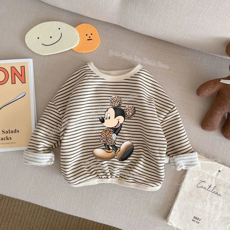 Disney Mickey Mouse 1-8T Cotton Children Clothing Long Sleeve T-shirts Striped Boy Girl Tops Kids T-shirt Autumn Spring Tee Kids