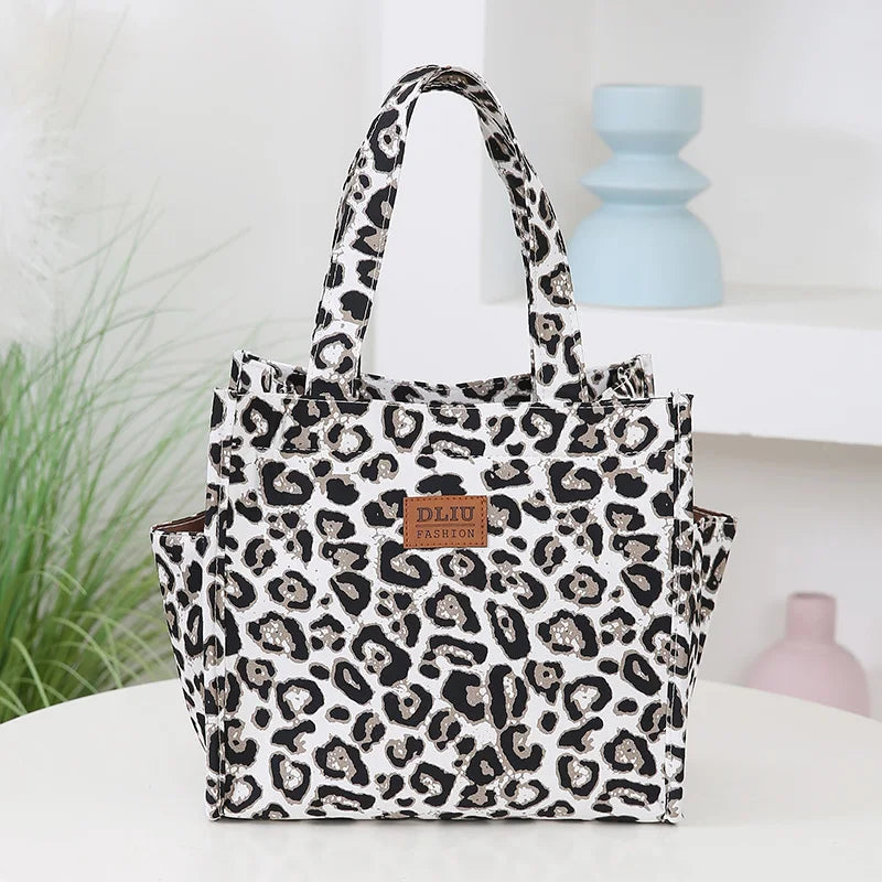 New Retro Leopard Print Large Capacity Lunch Tote Bag with Storage Pouch Commuter Work Handbag Portable Meal Bag
