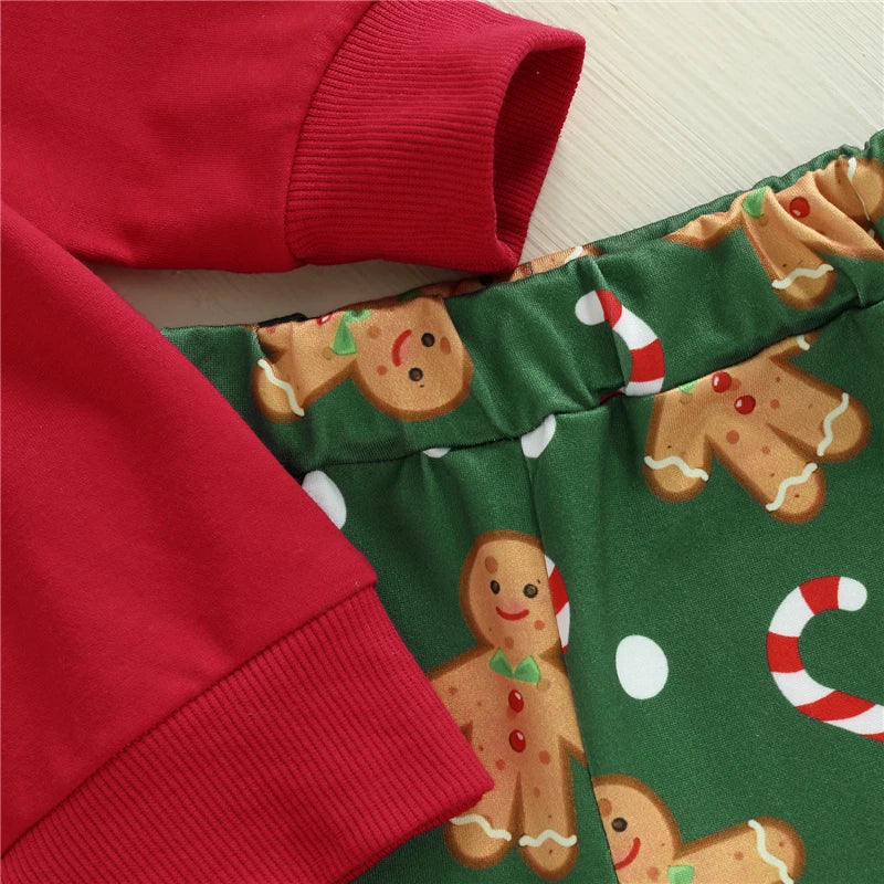 Kid Baby Girls Christmas Clothes Sets Children Long Sleeve O Neck Sweatshirt Tops Gingerbread Candy Cane Print Pants Sets