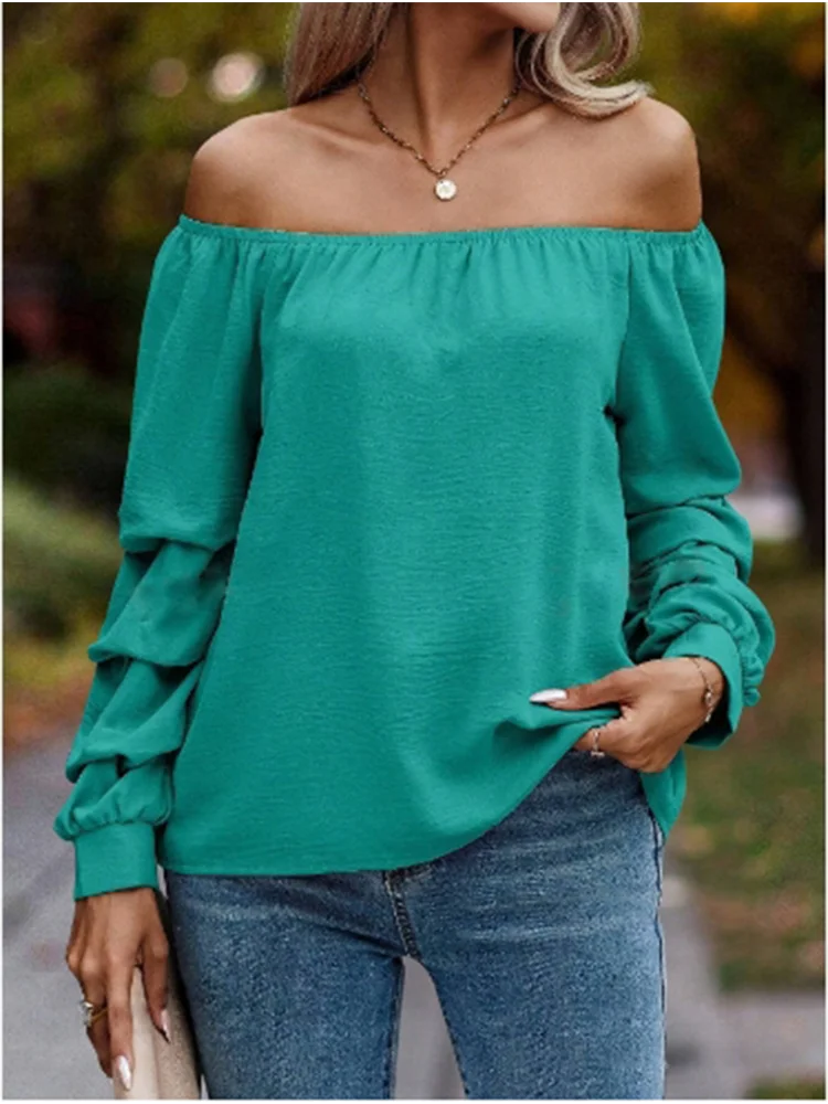 Sexy Long Sleeve Solid Colour Off Shoulder Folding Sleeves, Elegant Casual Blouse. S-2xl
