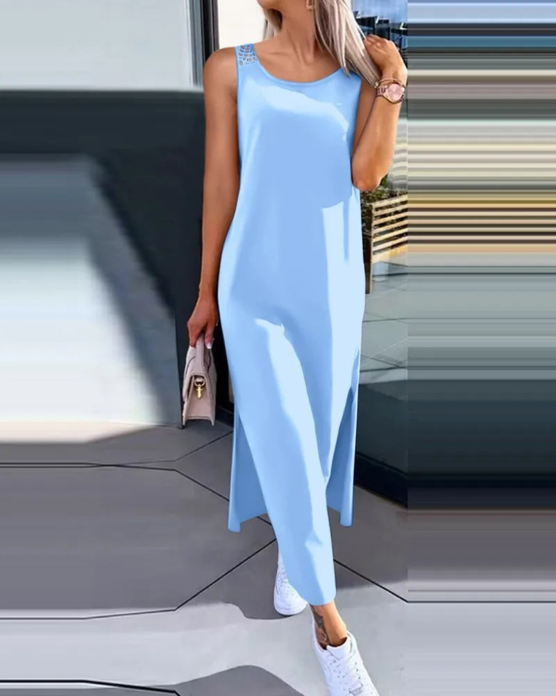 Hollow Out Solid Long Dress Women Fashion Sleeveless O-neck Maxi Dress.  S-2X