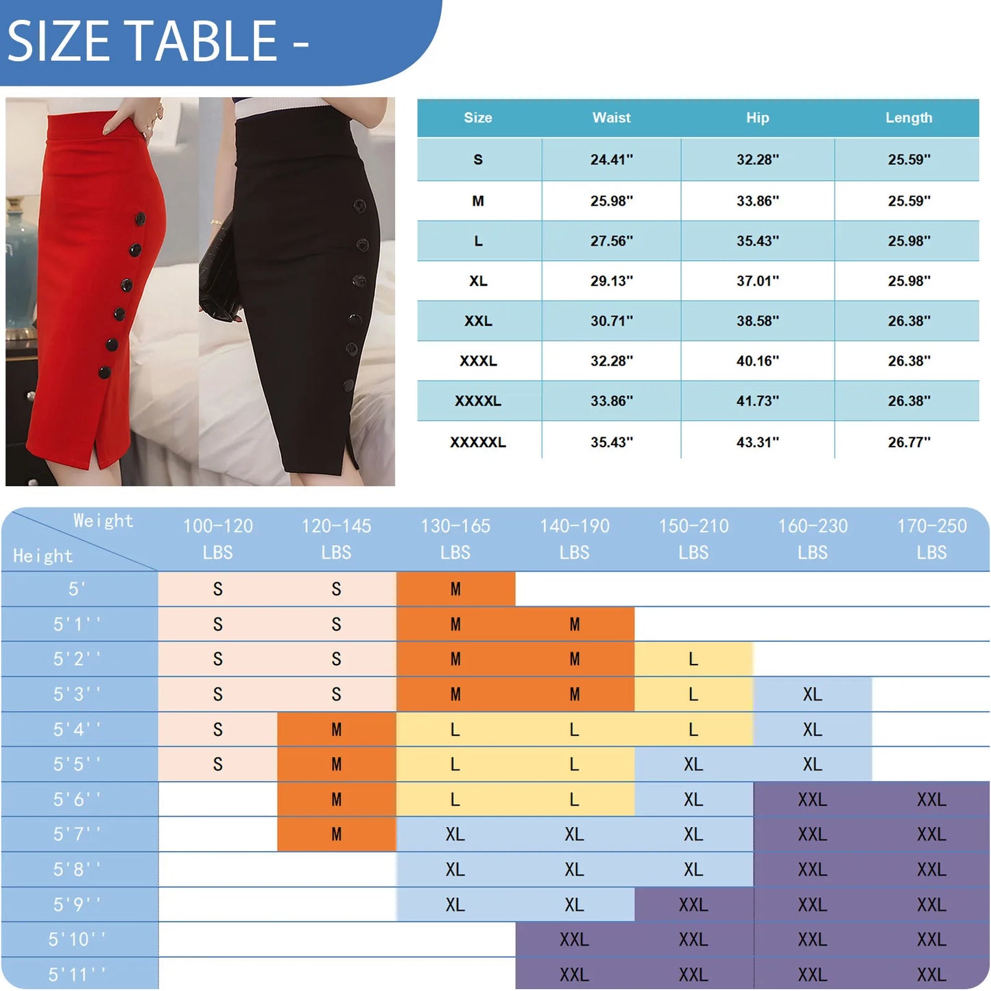 Elegant Women Vintage Slim High Waist Buttons Slit Pencil Skirt  S-3X