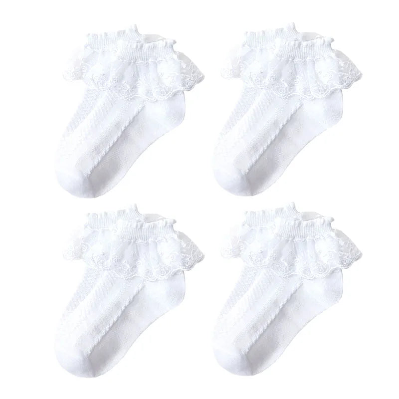 4 Pairs Girls Lace Ruffle Socks Adorable Princess-Style Kids Dance-Ready Socks with Frilly Trim.  Sizes for 1-12yrs old