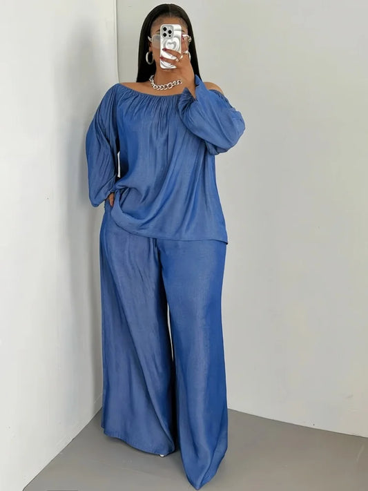 Two Piece Set Women Solid Color Large Size Set Imitating Denim Wide Leg Pant Set.  XL-4X
