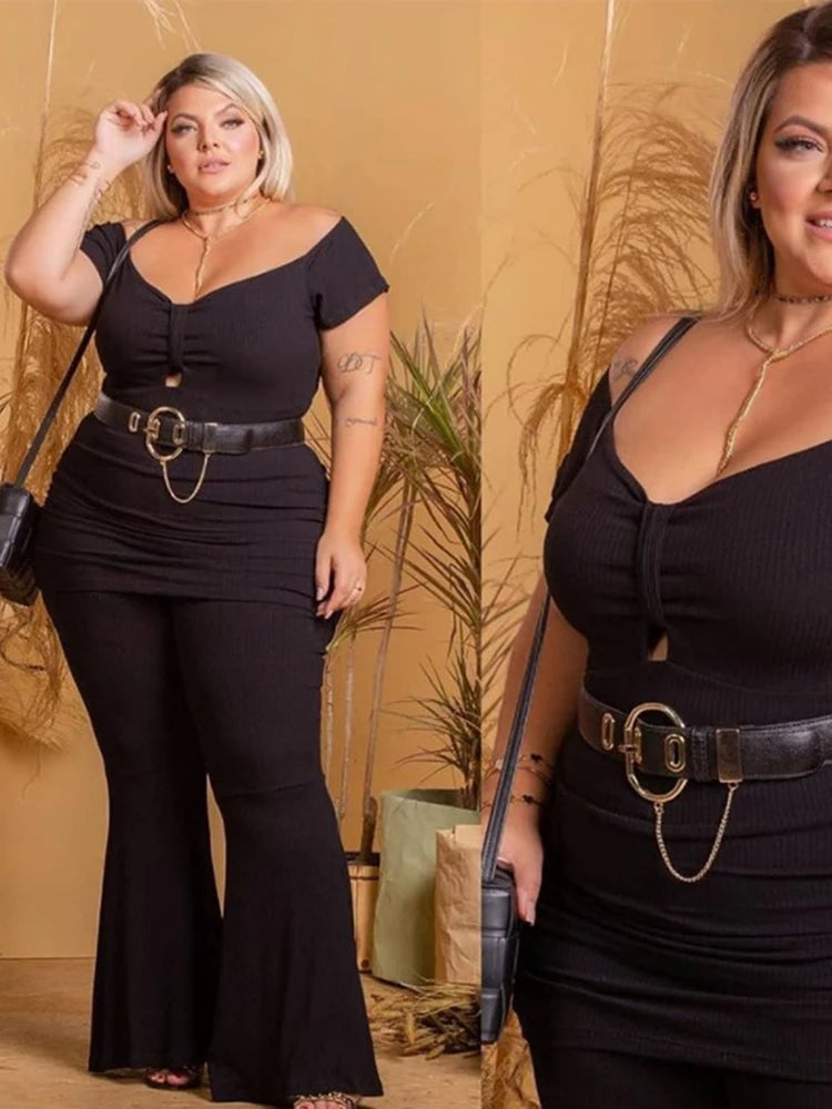 Curvy Flattering Woman's Summer Off Shoulder Top and Pants Sexy Two Piece Set Plus Size.