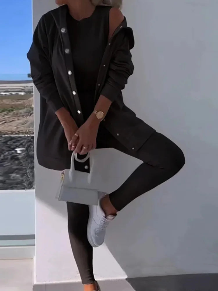 O-Neck Top Long Sweater Matching Set,Solid Three Piece Outfit, .  S-3x