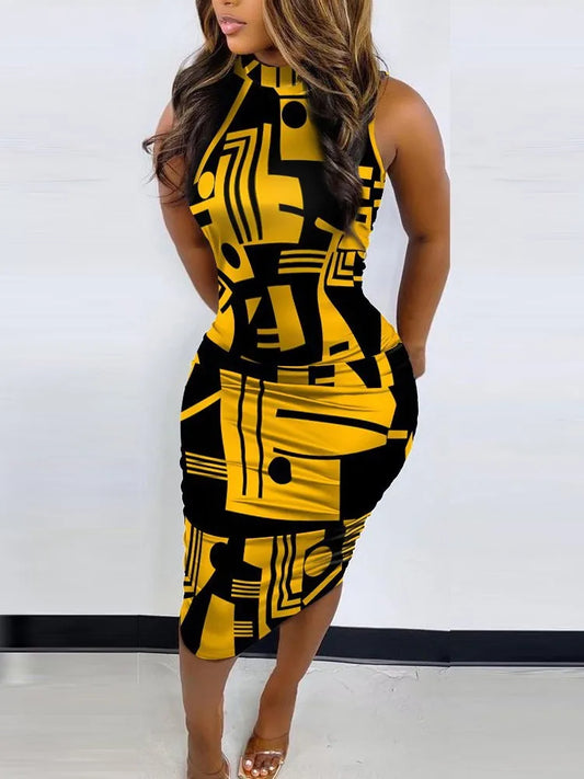 Summer Print Sexy Slim Dress Women Fashion Sleeveless Hip Party Dress Casual Elegant New Dress.  S-2X