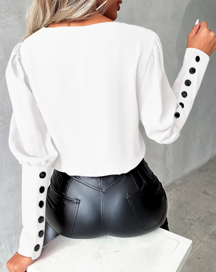 Elegant Women's 2025 New Fashion V-neck Contrasting Loose Long Sleeved Button Women's Shirt.  S-2X