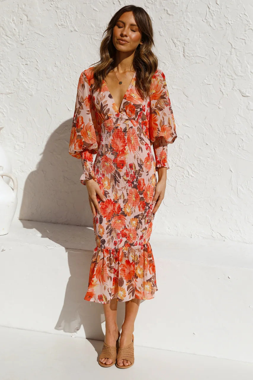 Floral Print Lantern Long Sleeve Elastic Midi Dress Women Chiffon Sexy Bodycon Ruffle Elegant Evening Party Dress.  S-2X