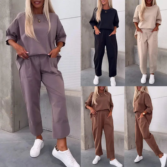 Women Two Piece Set Solid Top Ankle Length Pants Sport Matching Set.  S-3xL