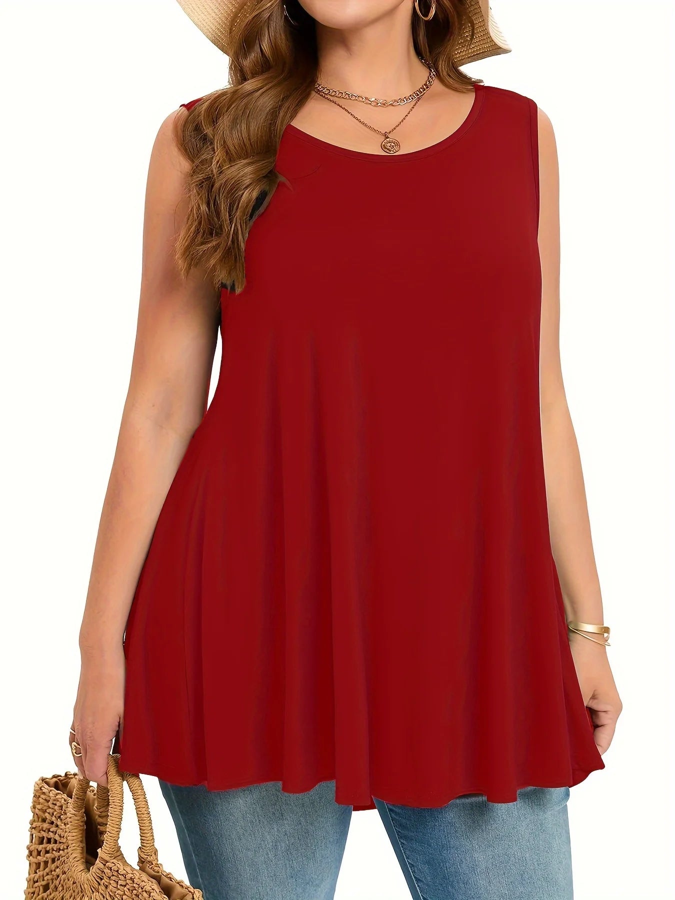 Plus-size Quality Women's Long Casual fashion Solid Colour Loose Round-Neck Sleeveless Tank