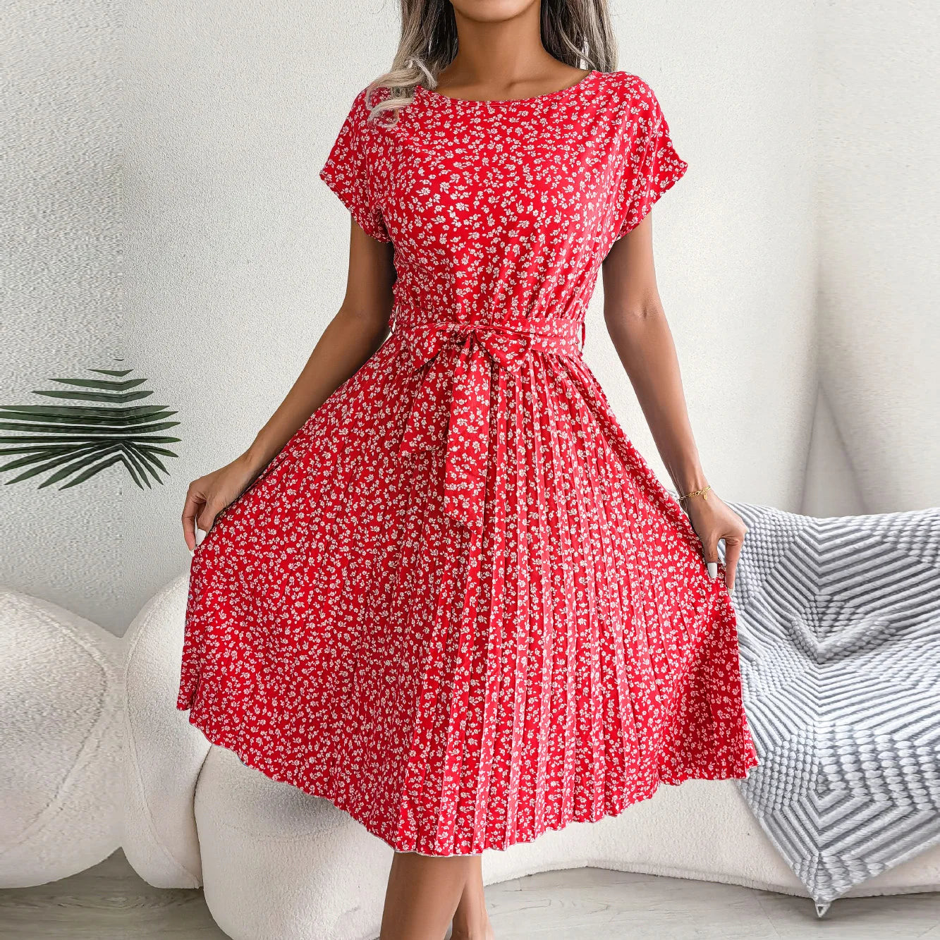Women Spring Summer Short Sleeve High Waist Fashion Floral Pleated A Line Long Dress.  S-6X