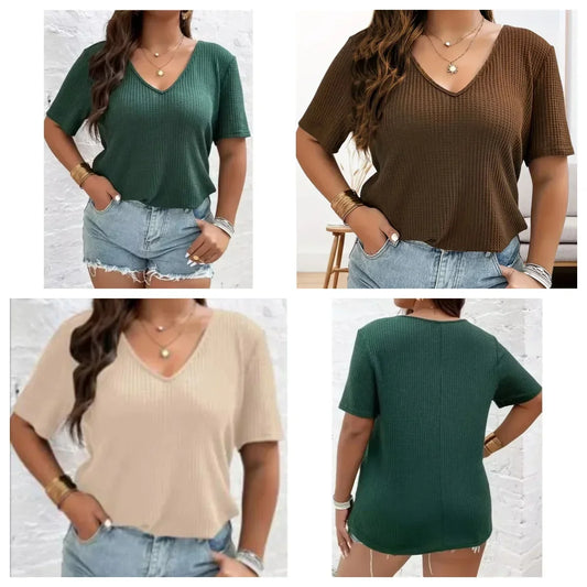 Plus Size short-sleeved T-shirt fashion casual solid colour V-neck.