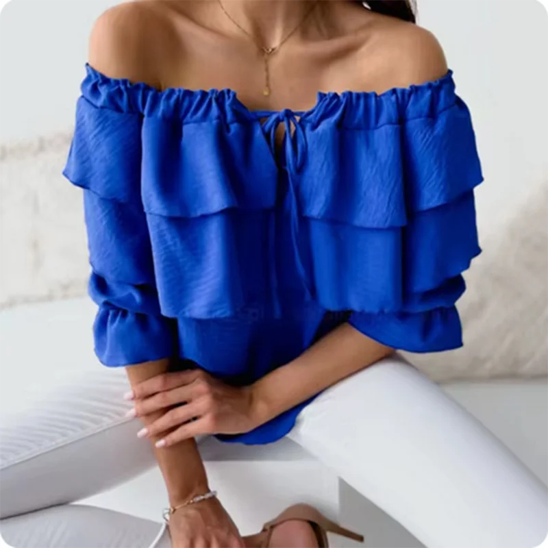 Chic Off Shoulder Double-Layer Top Women High Street Solid Colour Casual Blouse.  S-2X