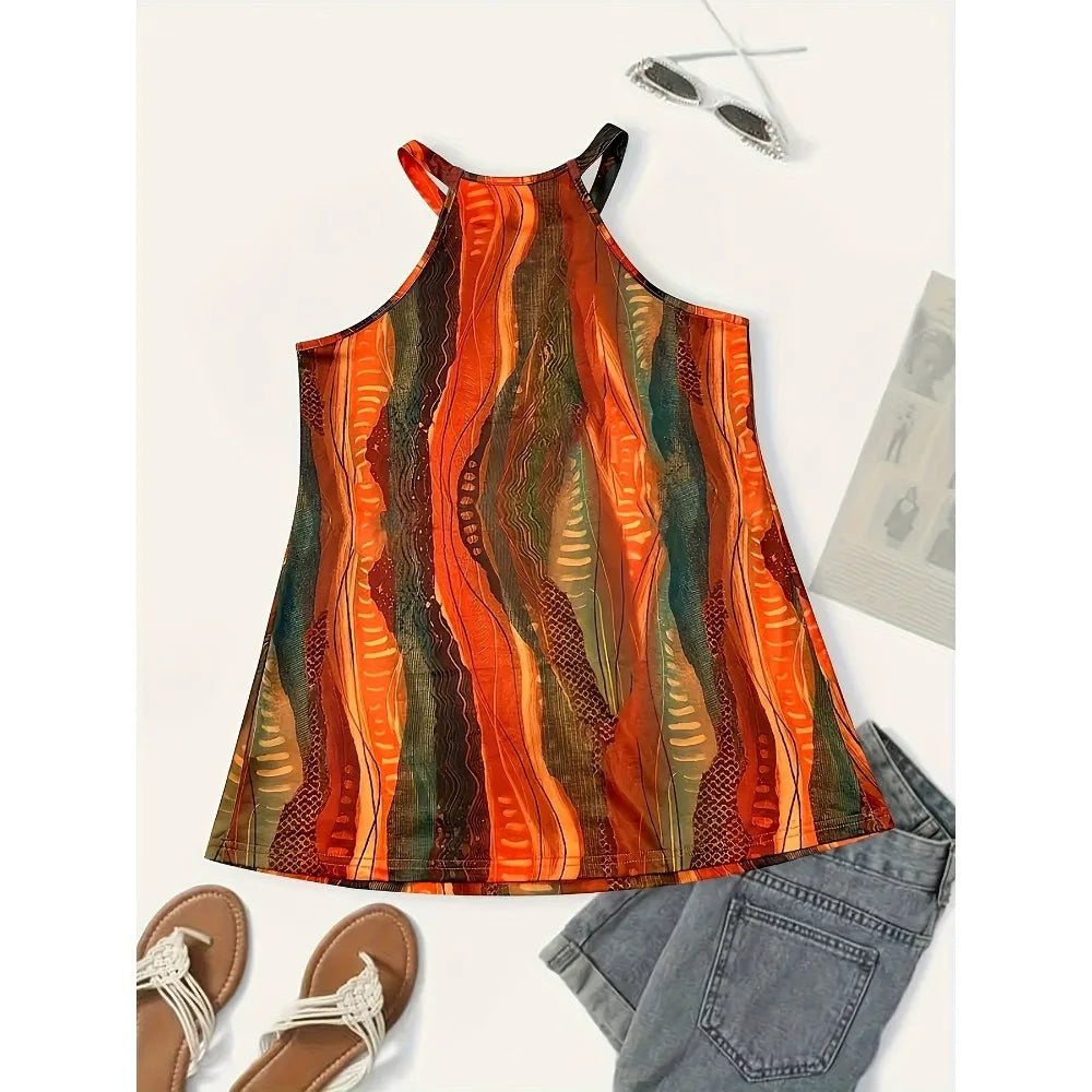 Plus Size 1XL-5XL Women's Print Halter Neck Vintage Sleeveless Halter with Jacquard Cross Solid Strap .  1X-5X