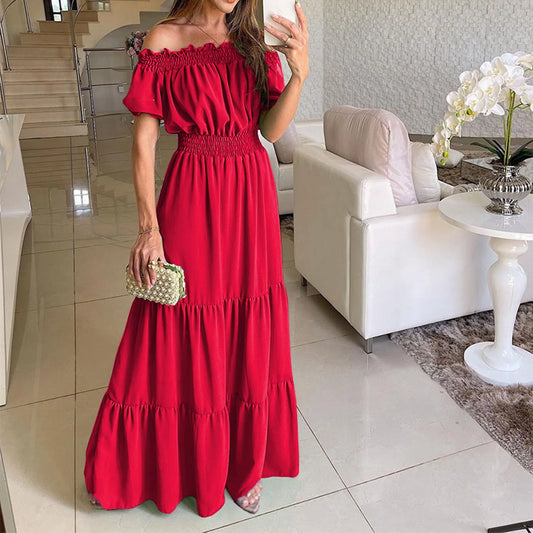 Women Dress Solid Puff Short Sleeves Elastic Waist Casual A-Line High-Waist Off Shoulder Maxi Dress.