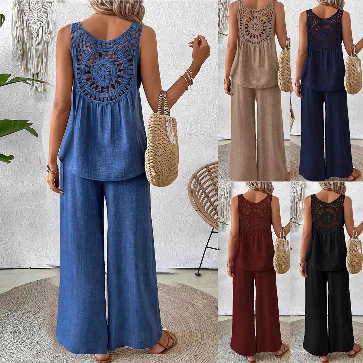 Ladies Simple Cotton Linen 2 Piece Suit Summer Fashion Sleeveless Loose Blouse Wide Leg Pants.